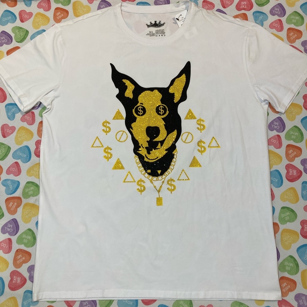 Crown Men’s White Shirt with Dog in Gold Embellishment